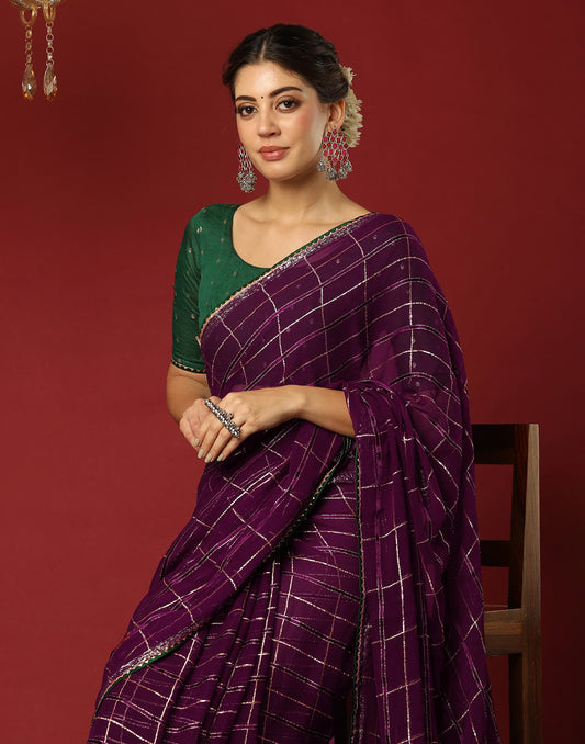 Dark Purple Georgette Woven Zari Stripe Saree