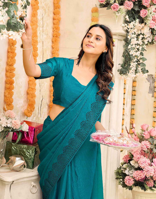 Teal Blue Shimmer Stone Work Swarovski Saree