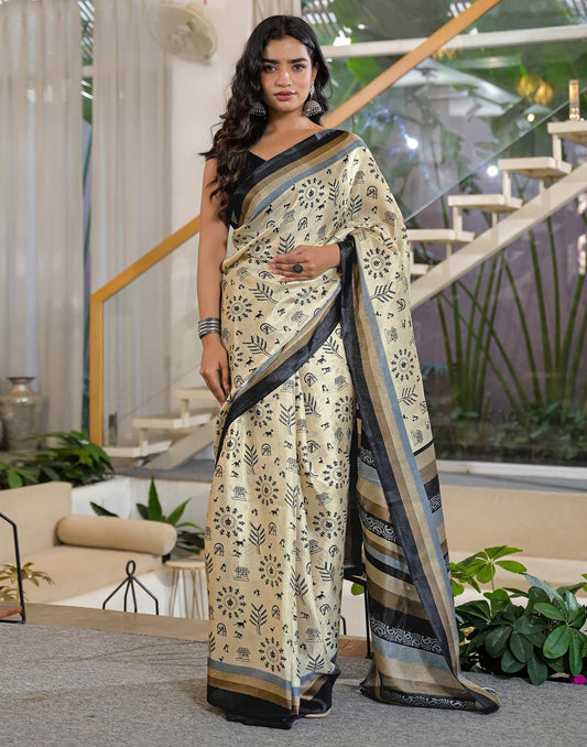 Beige Khadi Printed Saree