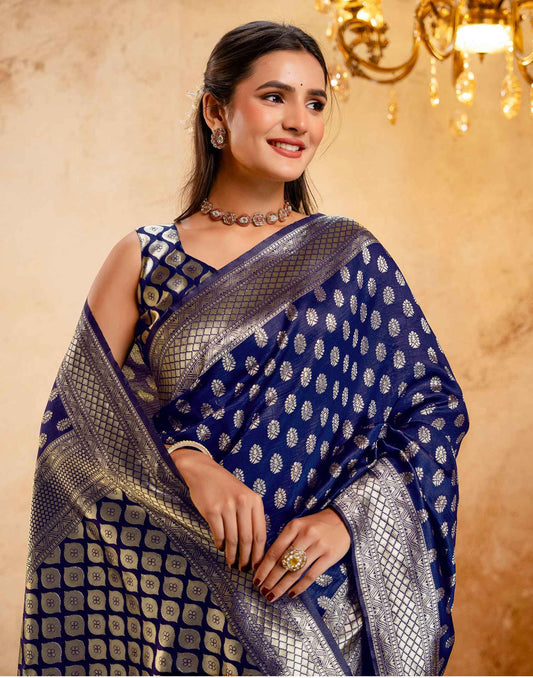 Navy Blue Silk Woven Banarasi Saree
