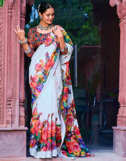 White Cotton Linen Printed Saree