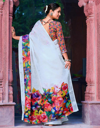 White Cotton Linen Printed Saree