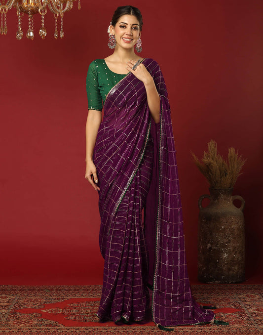 Dark Purple Georgette Woven Zari Stripe Saree