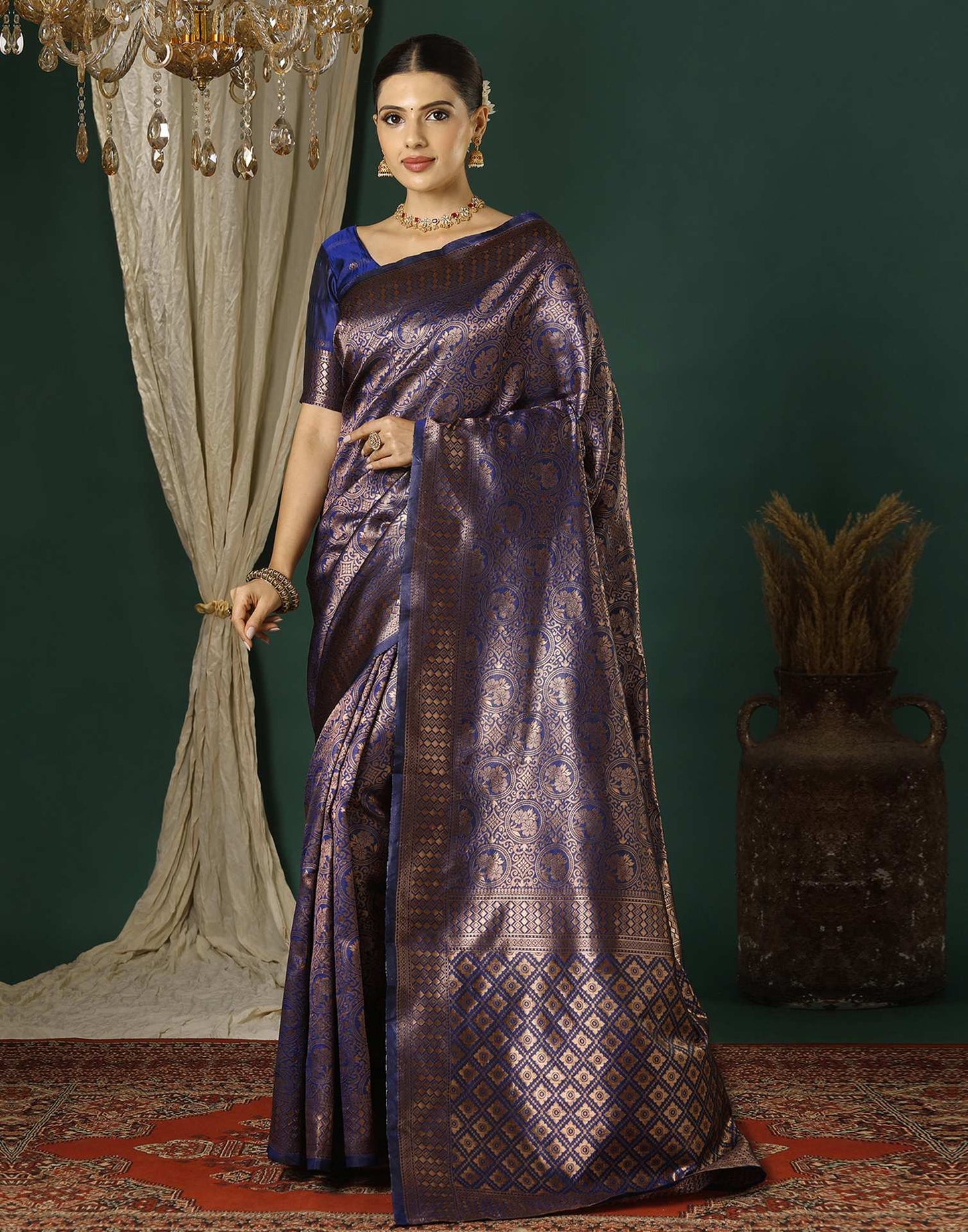 Navy Blue Silk Woven Banarasi Saree
