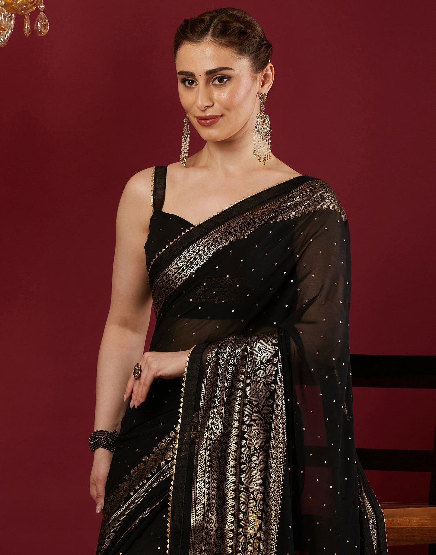 Black Georgette Foil Printed Saree