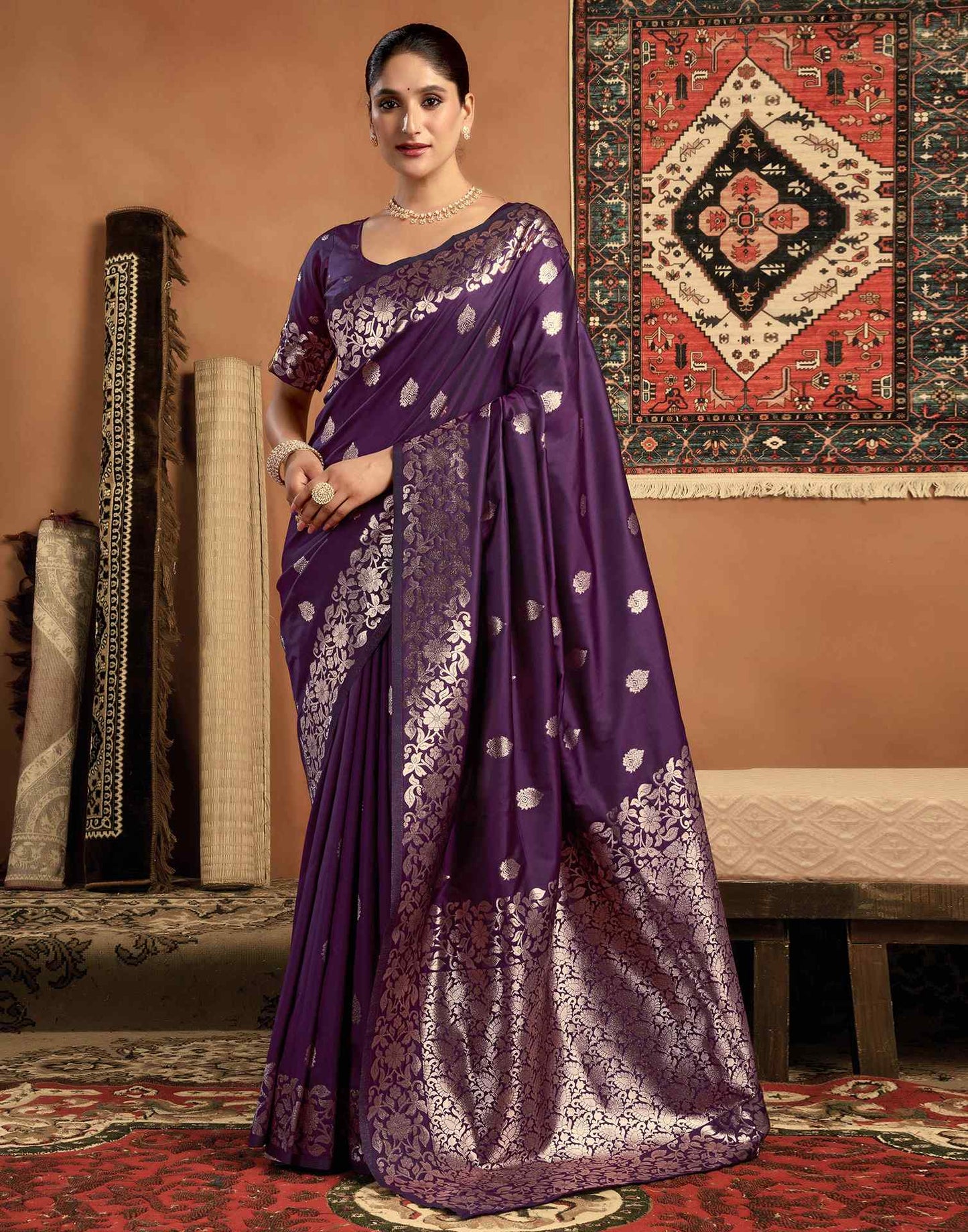Dark Violet Silk Woven Banarasi Saree