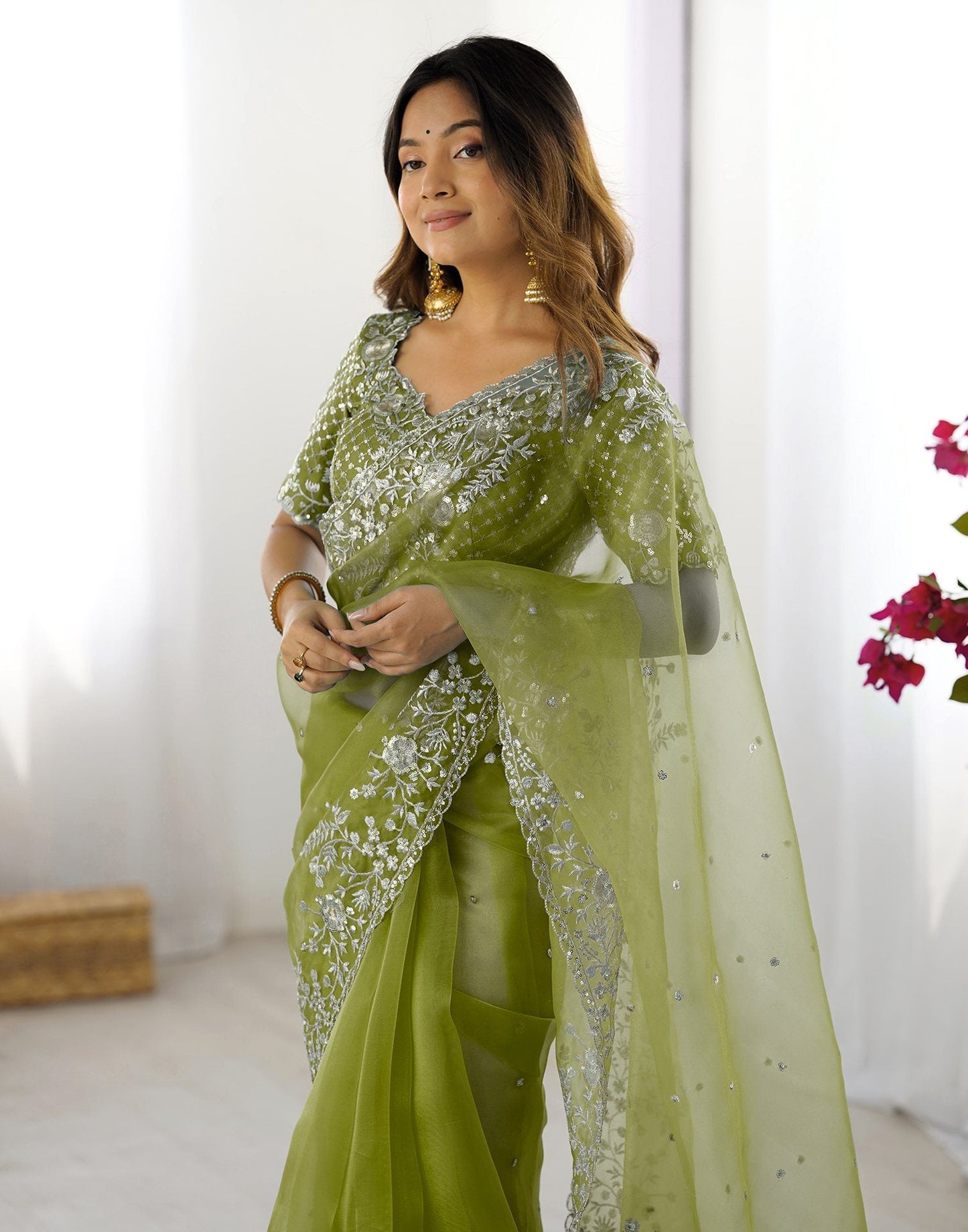 Green Organza Embroidery Lace Saree