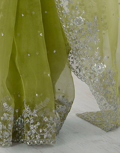 Green Organza Embroidery Lace Saree