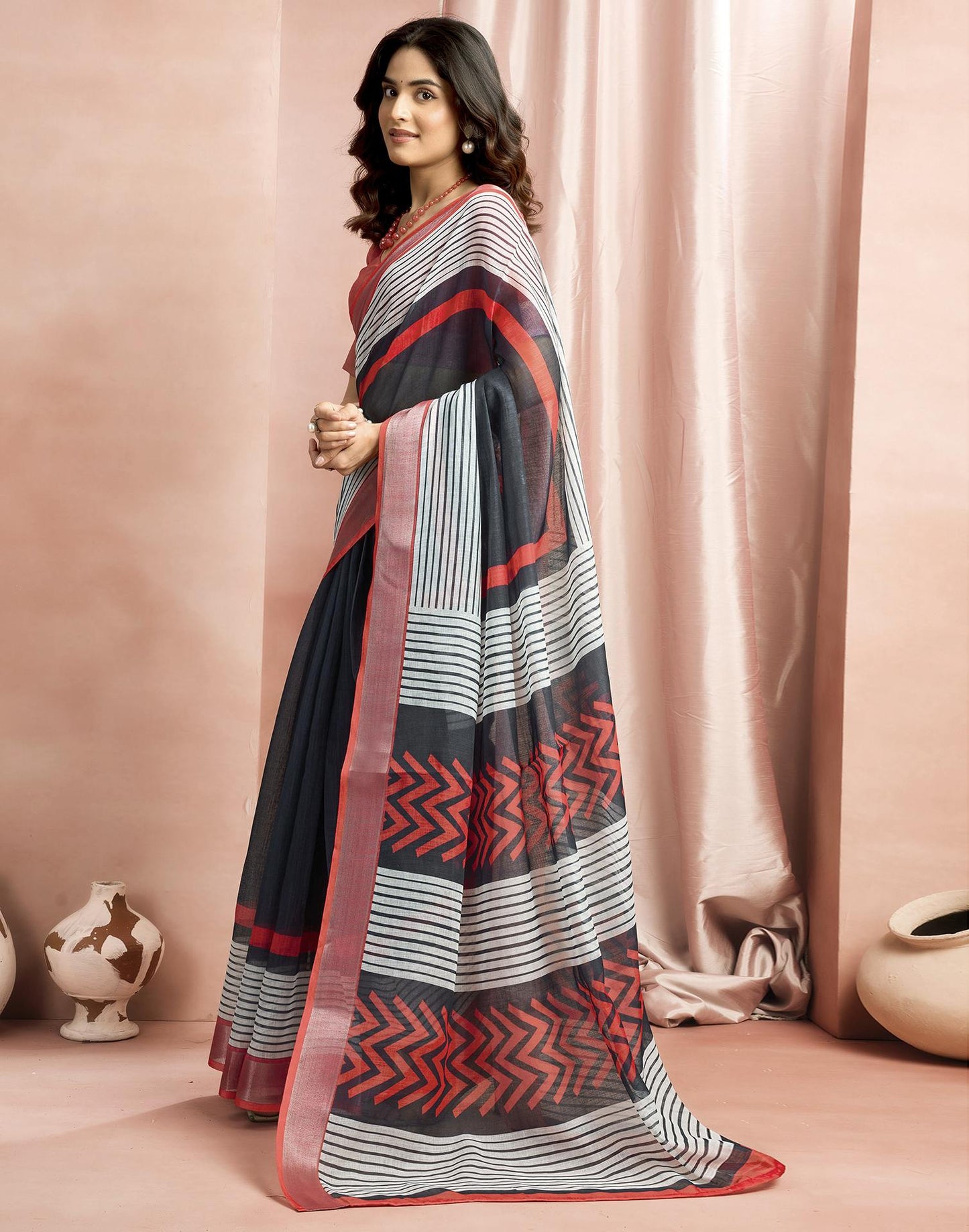 White Cotton Linen Printed Saree