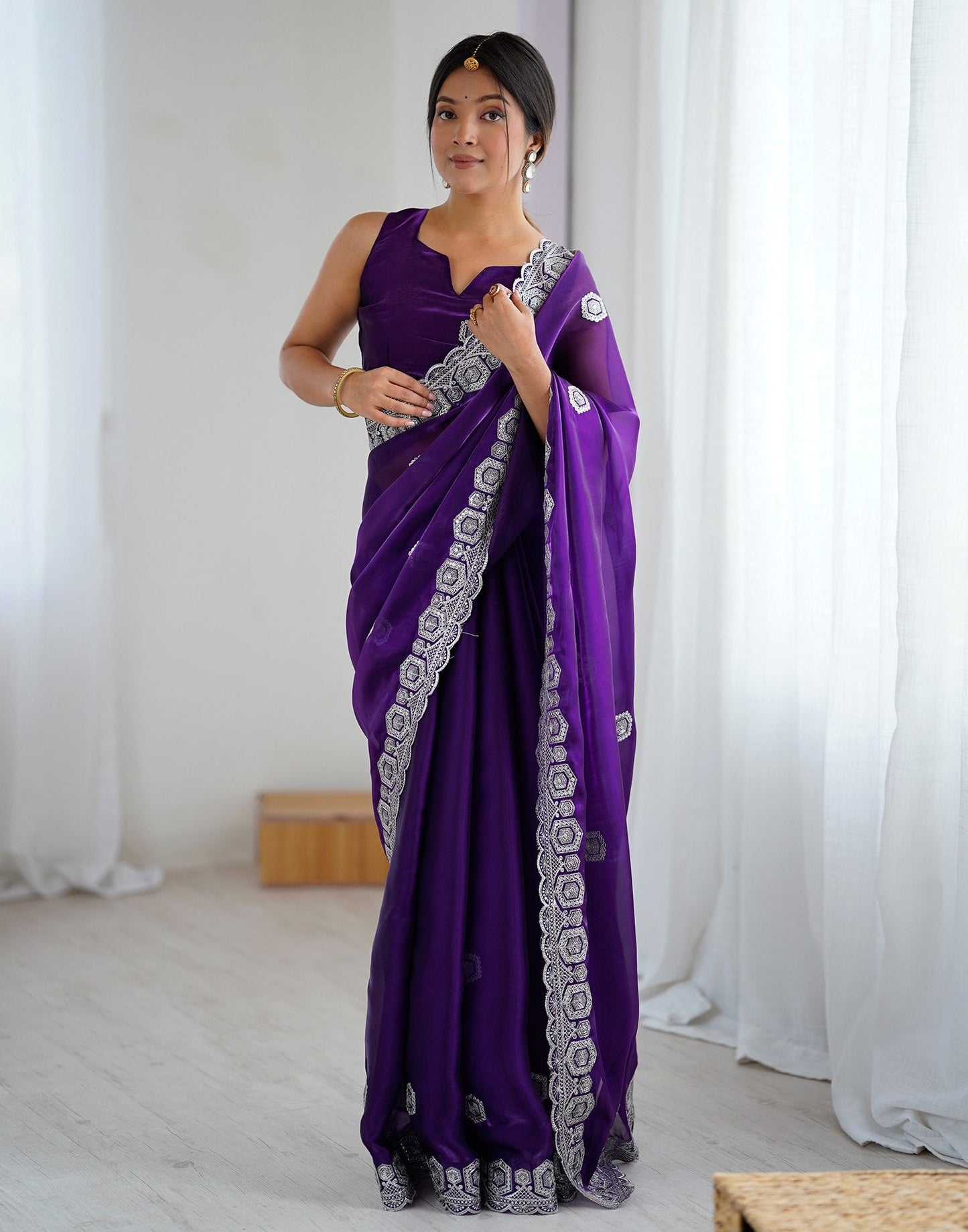 Dark Purple Tissue Silk Embroidery Saree