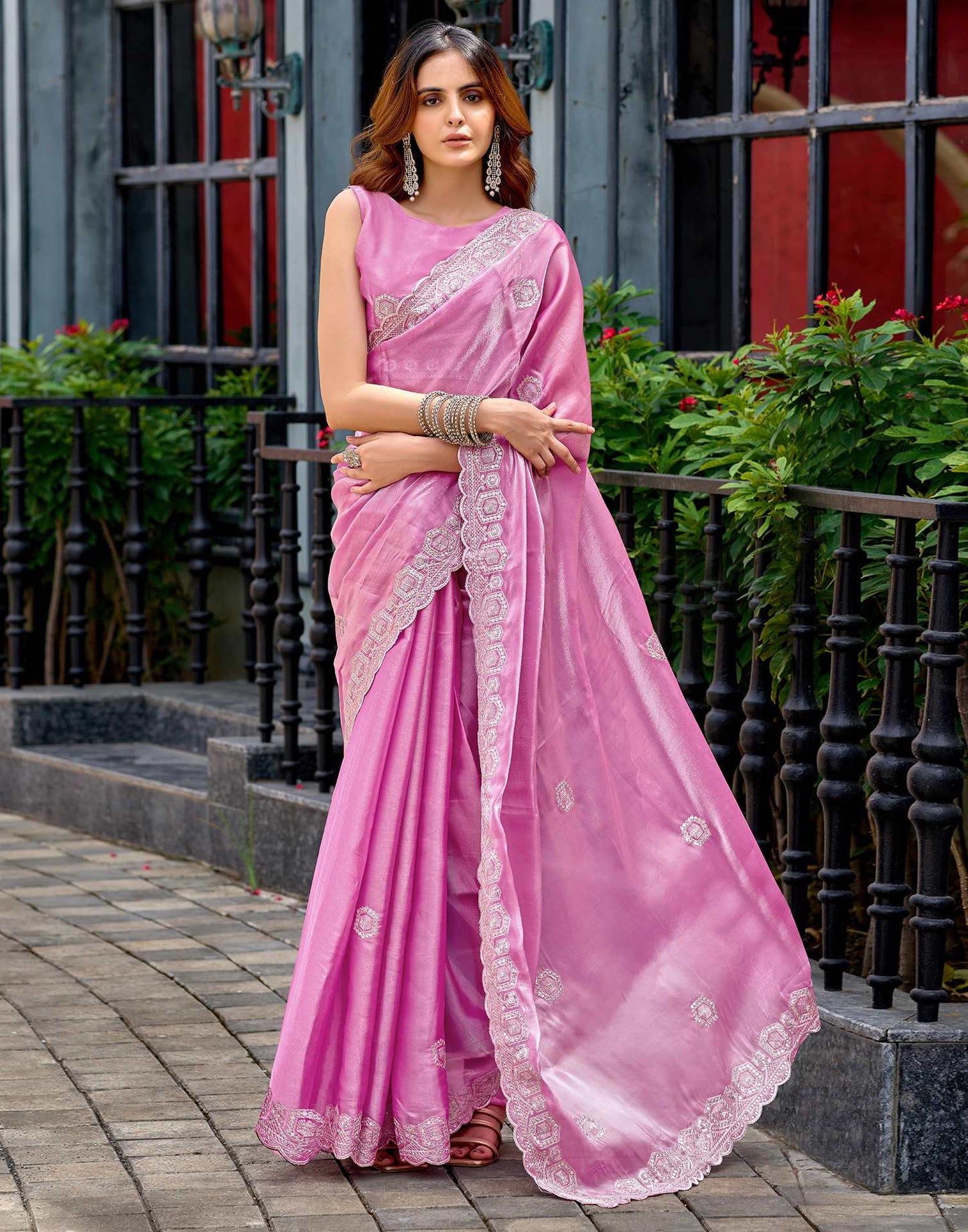 Light Pink Tissue Silk Sequence Embroidery Saree