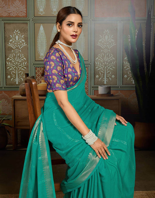 Teal Green Chiffon Woven Zari Stripe Saree