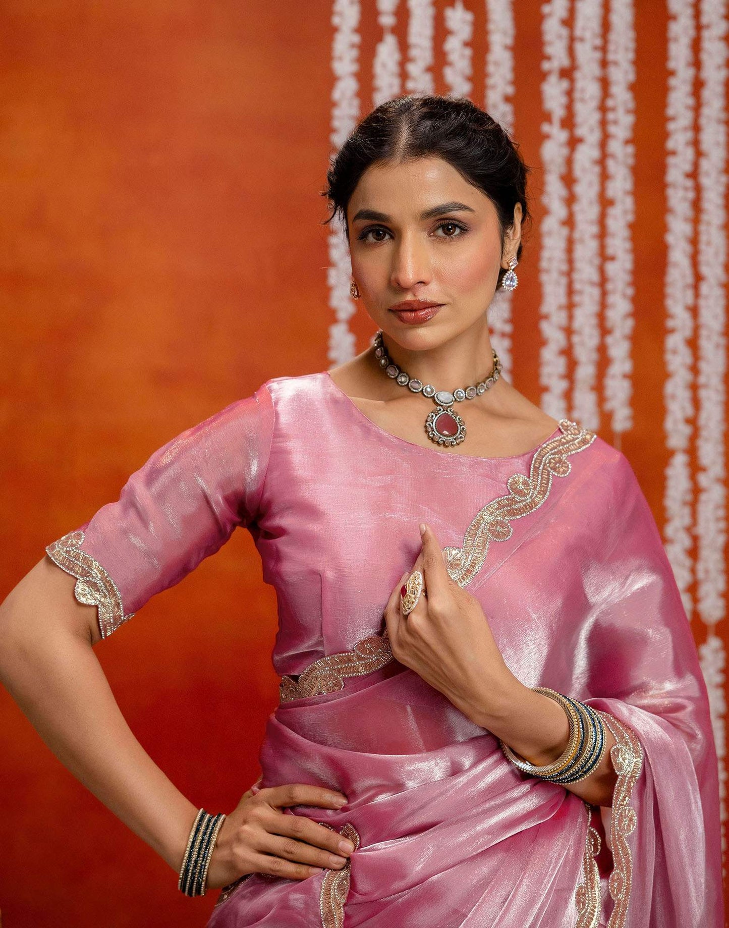 Baby Pink Shimmer Lace Saree