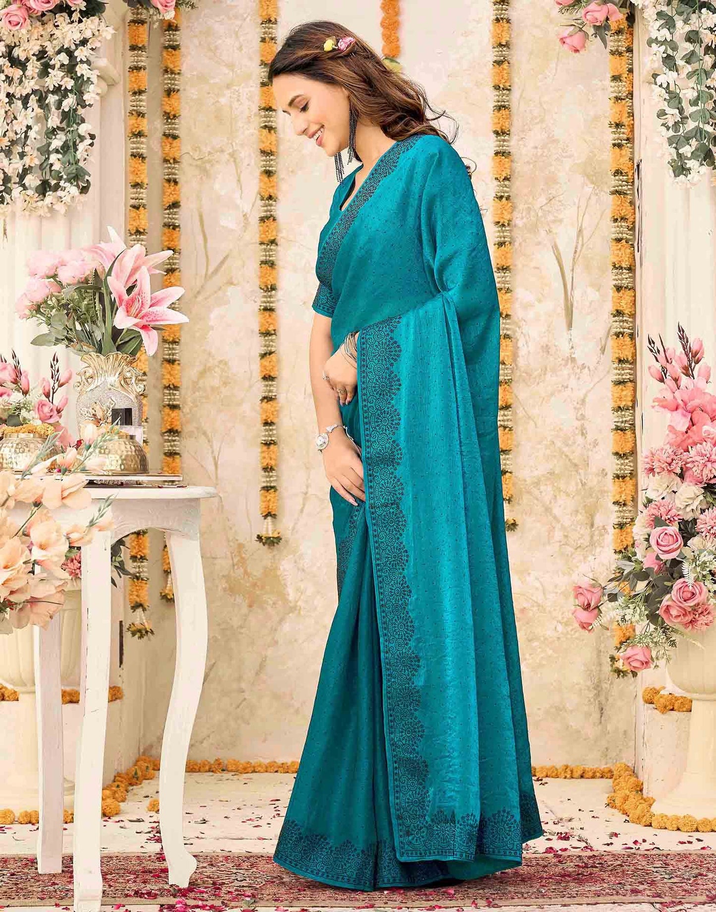 Teal Blue Shimmer Stone Work Swarovski  Saree