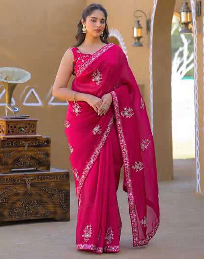Dark Pink Chiffon Sequence Embroidery Saree