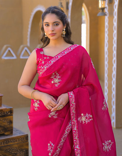 Dark Pink Chiffon Sequence Embroidery Saree