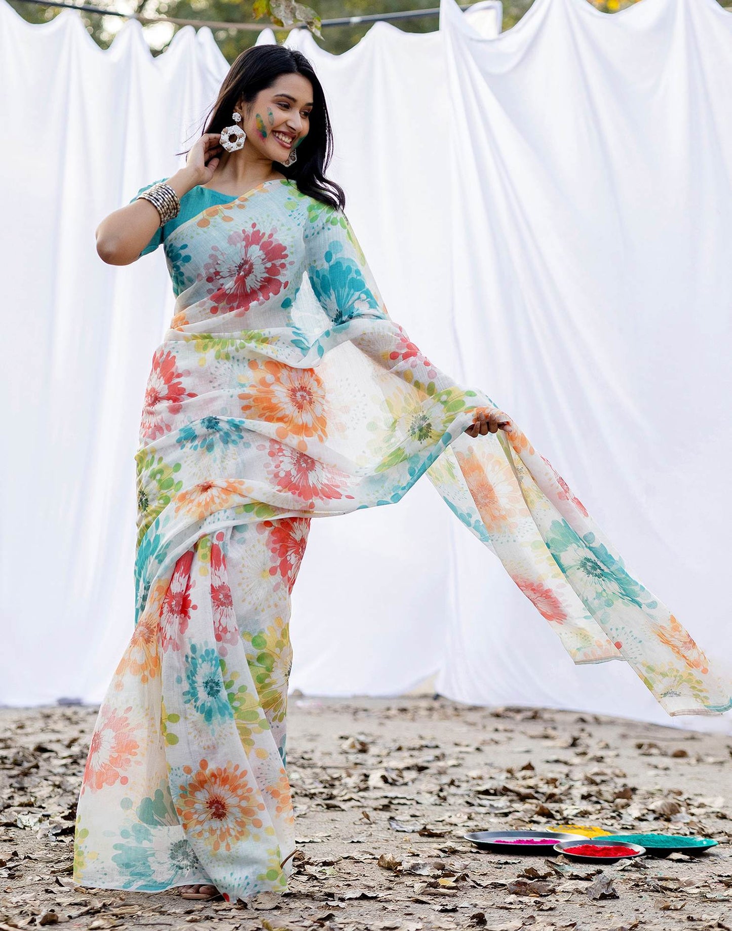 Off White Linen Printed Saree