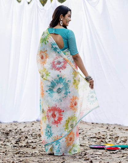 Off White Linen Printed Saree