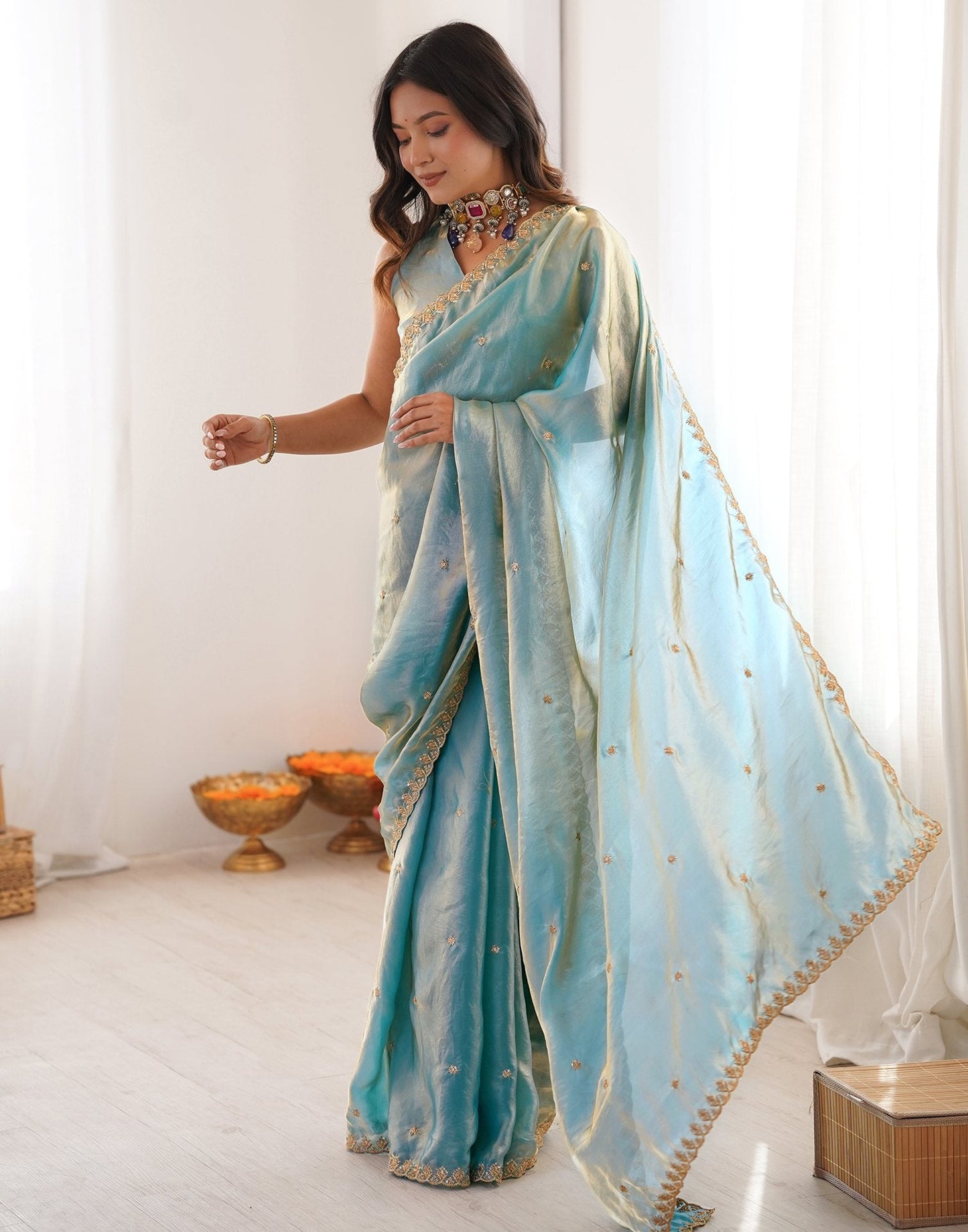 Sky Blue Shimmer Tissue Sequence Embroidery Saree
