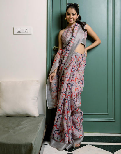 Ready To Wear Grey Linen Woven Border Printed Saree
