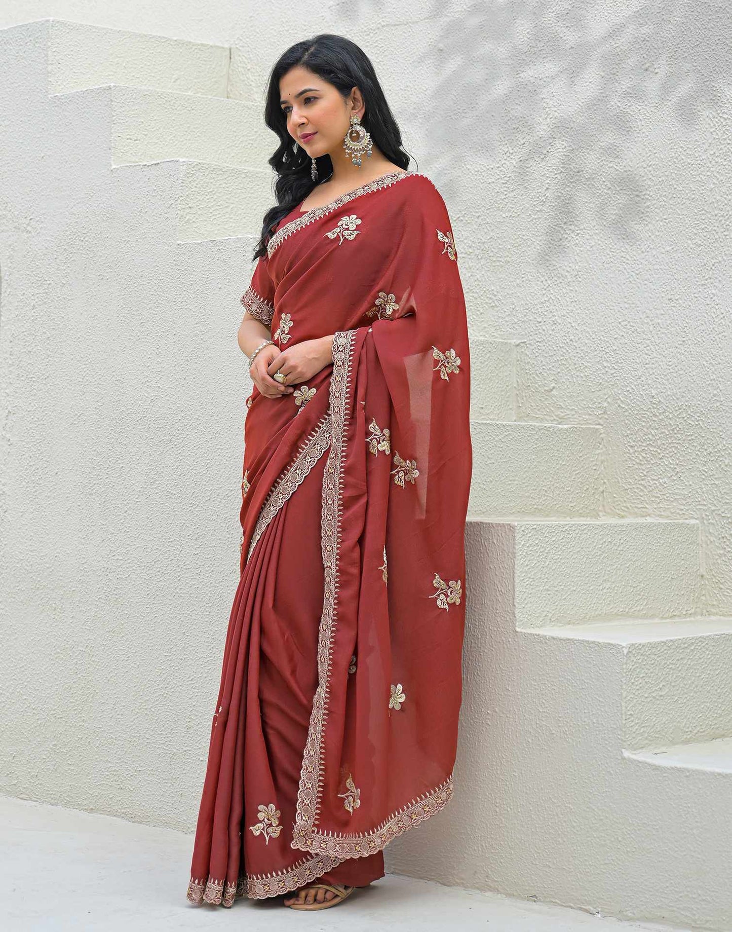 Rust Shimmer Embroidery Saree