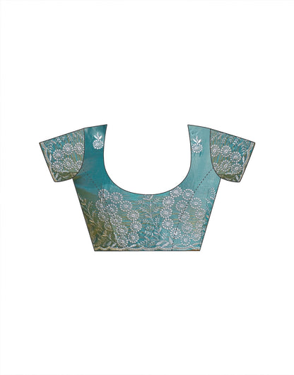 Dusty Teal Green Shimmer Tissue Embroidery Saree