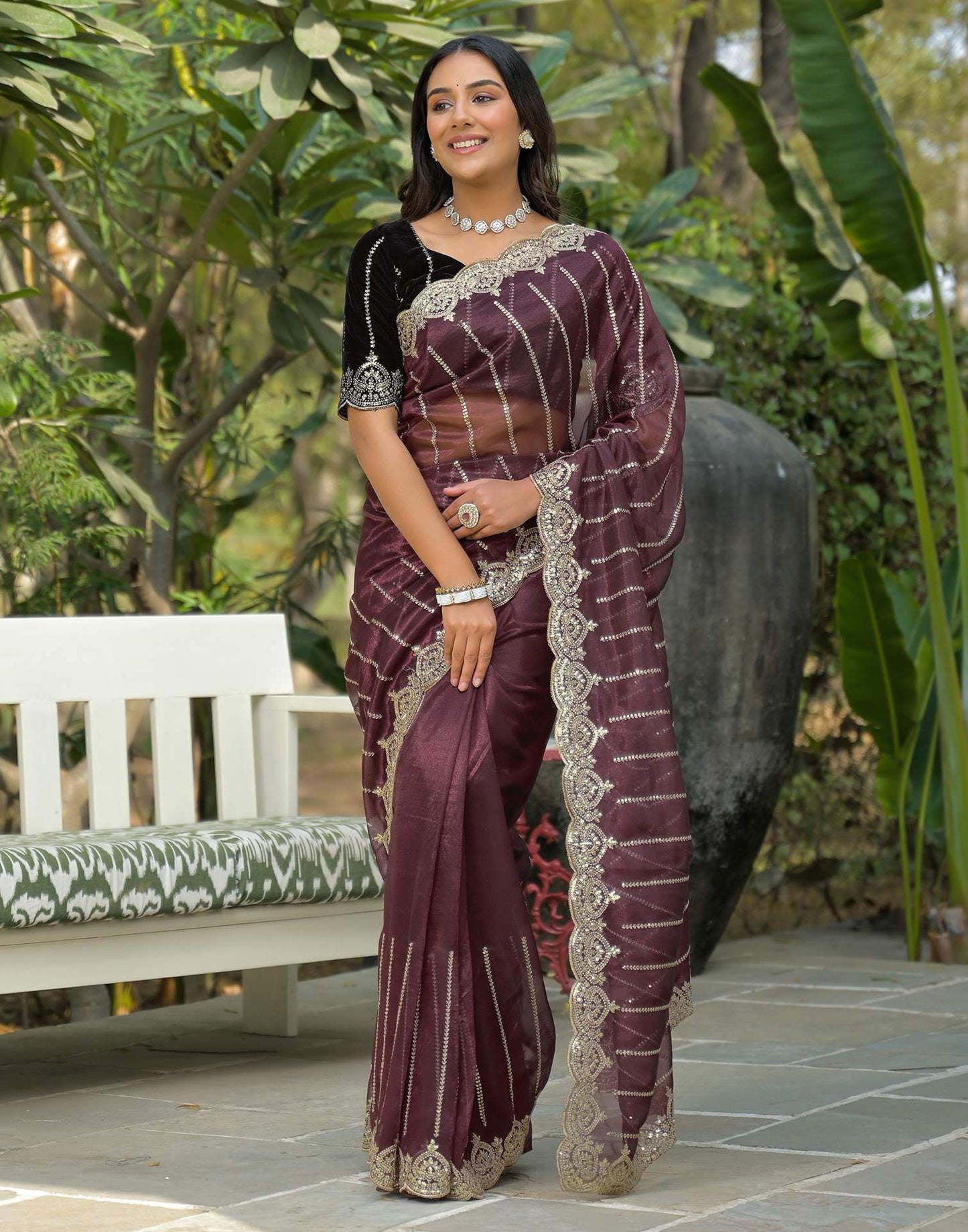 Maroon Net Sequence Embroidery Saree