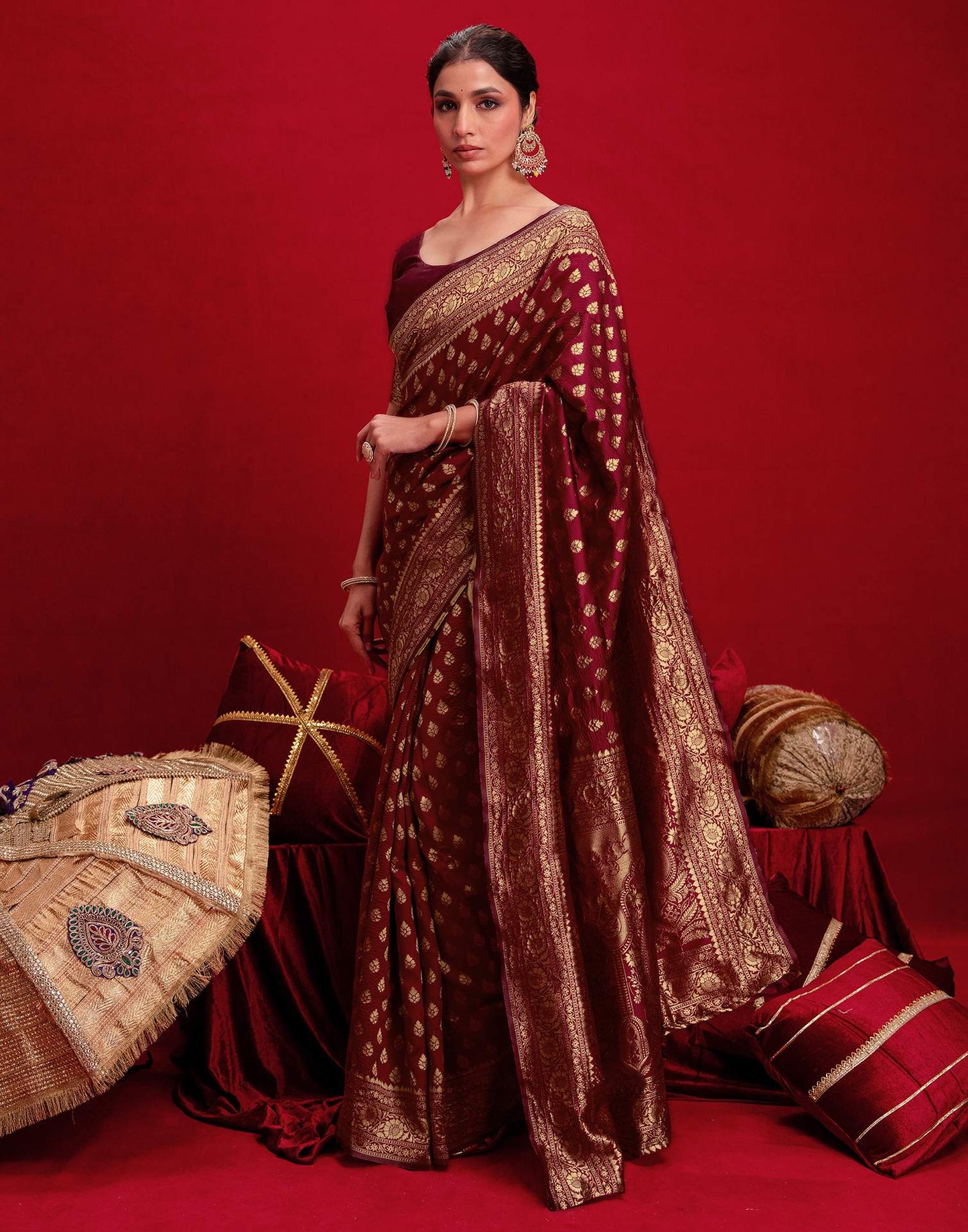 Maroon Silk Woven Banarasi Saree