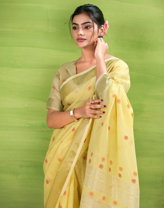 Light Yellow Linen Silk Woven Printed Saree