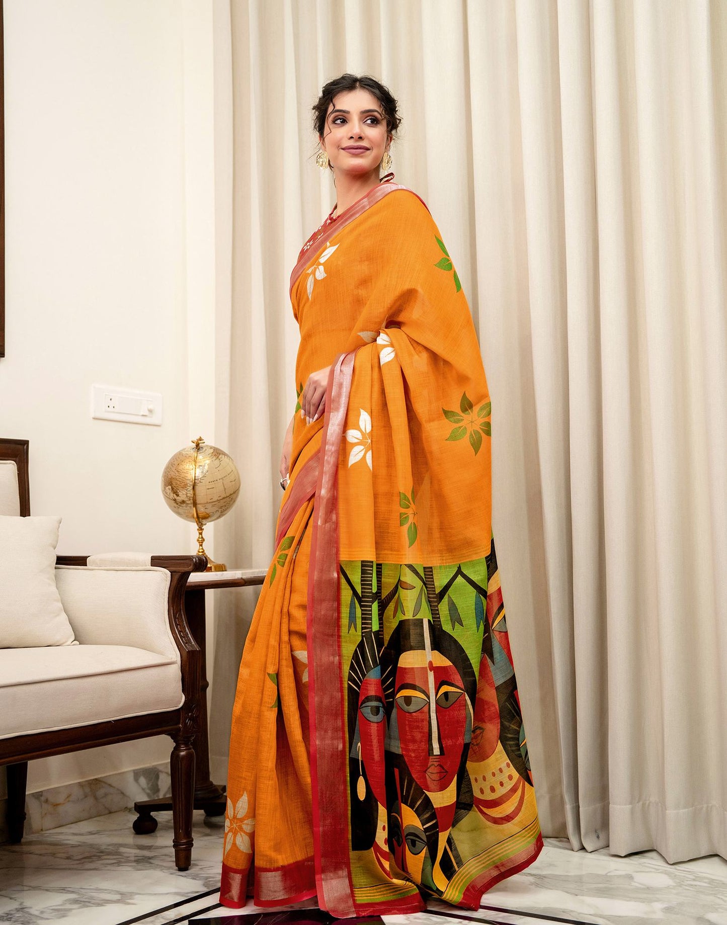 Turmeric Yellow Linen Kalamkari Printed Saree