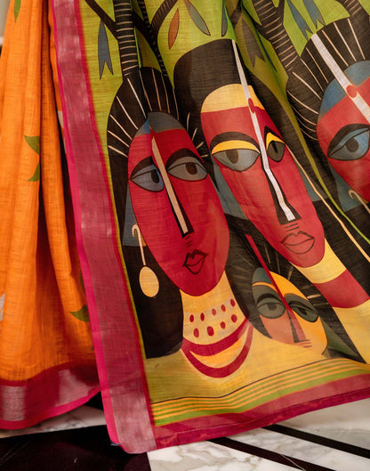 Turmeric Yellow Linen Kalamkari Printed Saree