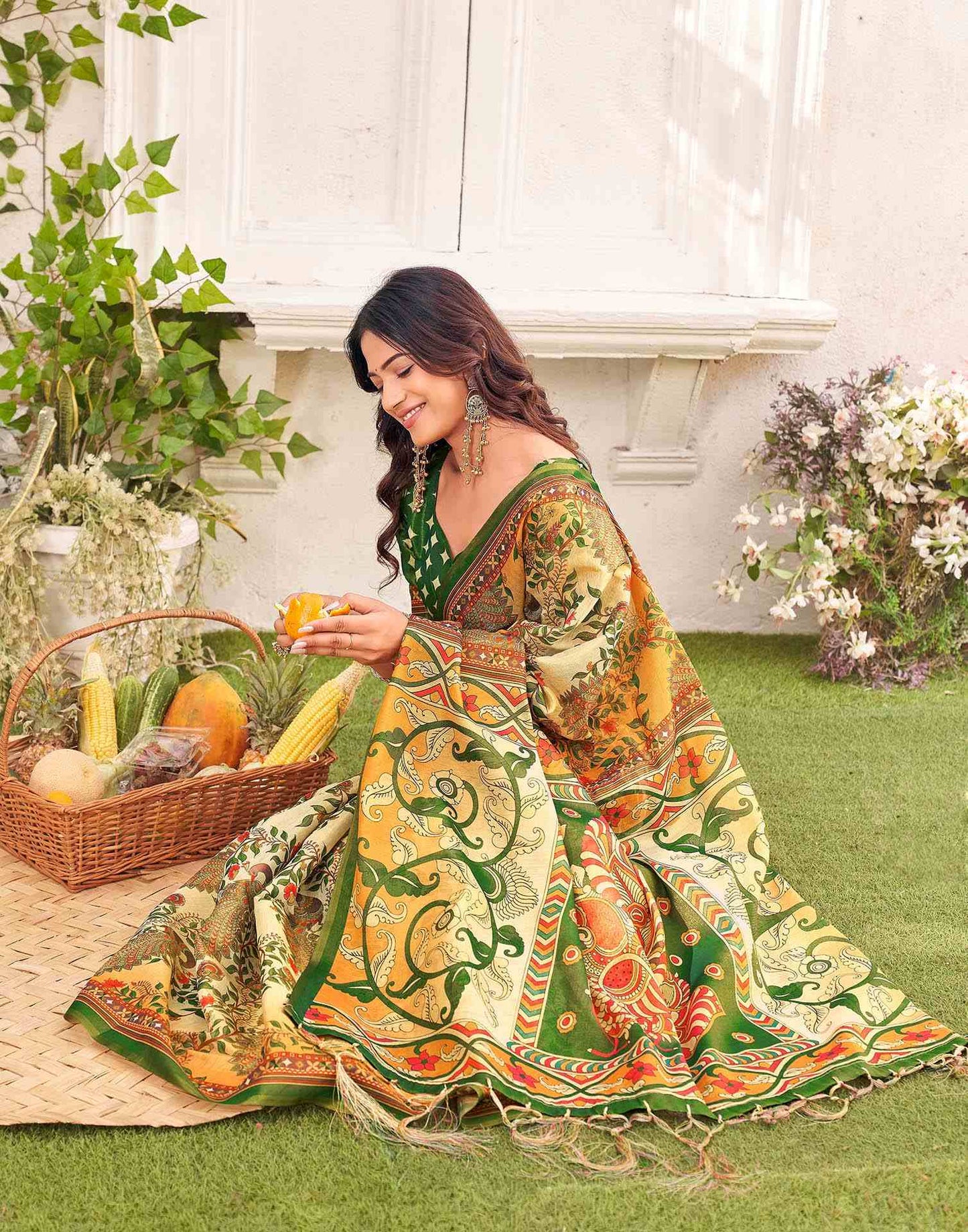 Beige Shimmer Silk Printed Kalamkari Saree 