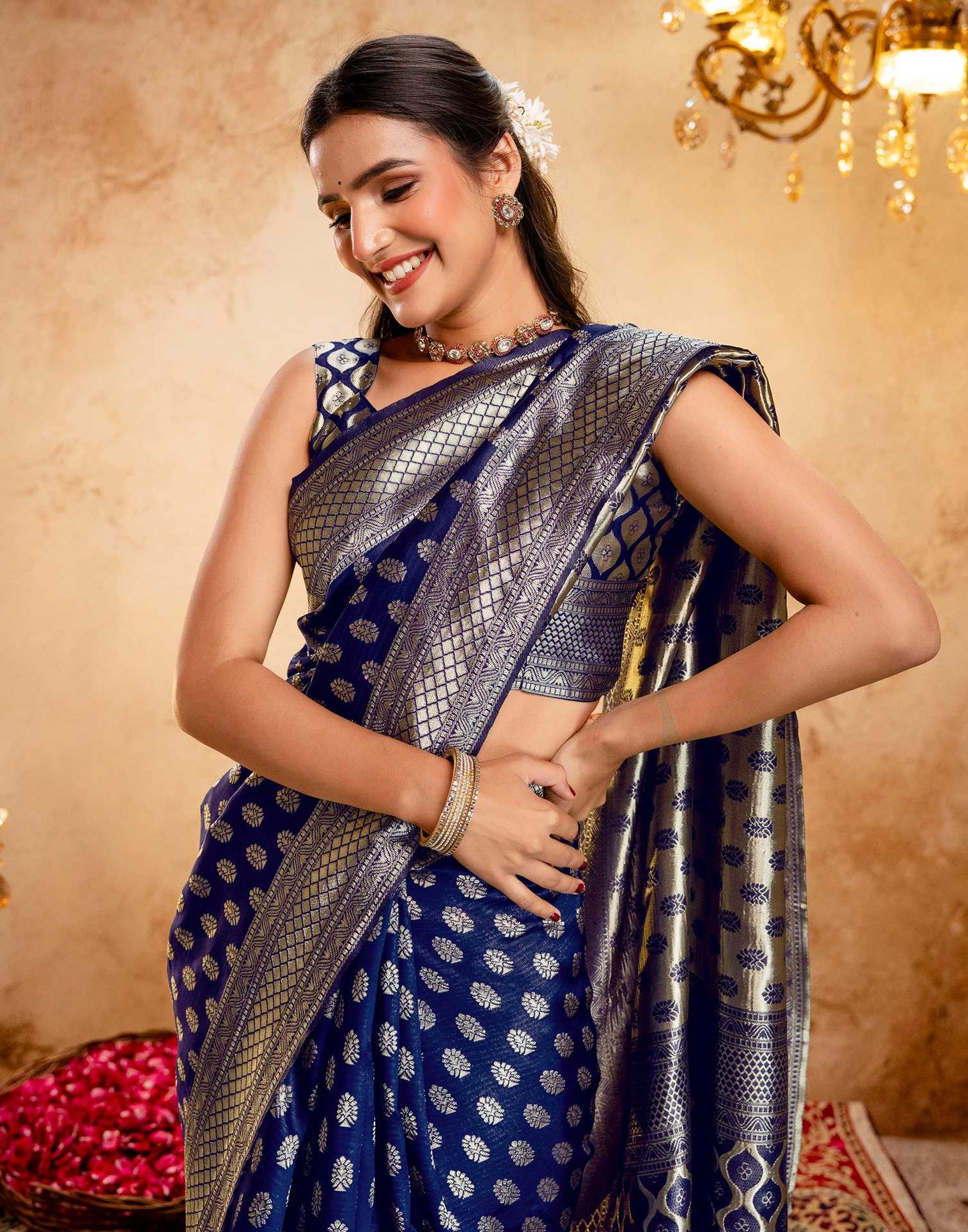 Navy Blue Silk Woven Banarasi Saree