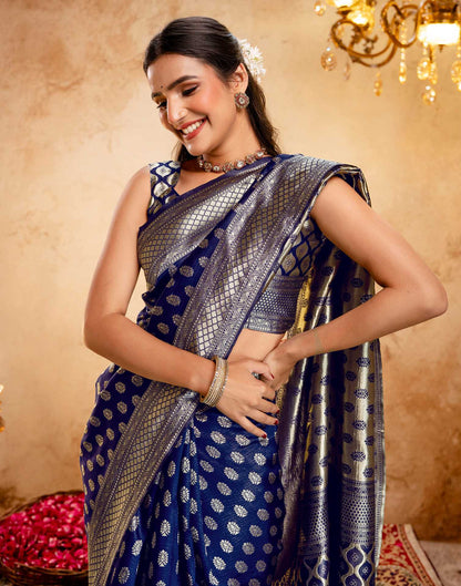 Navy Blue Silk Woven Banarasi Saree