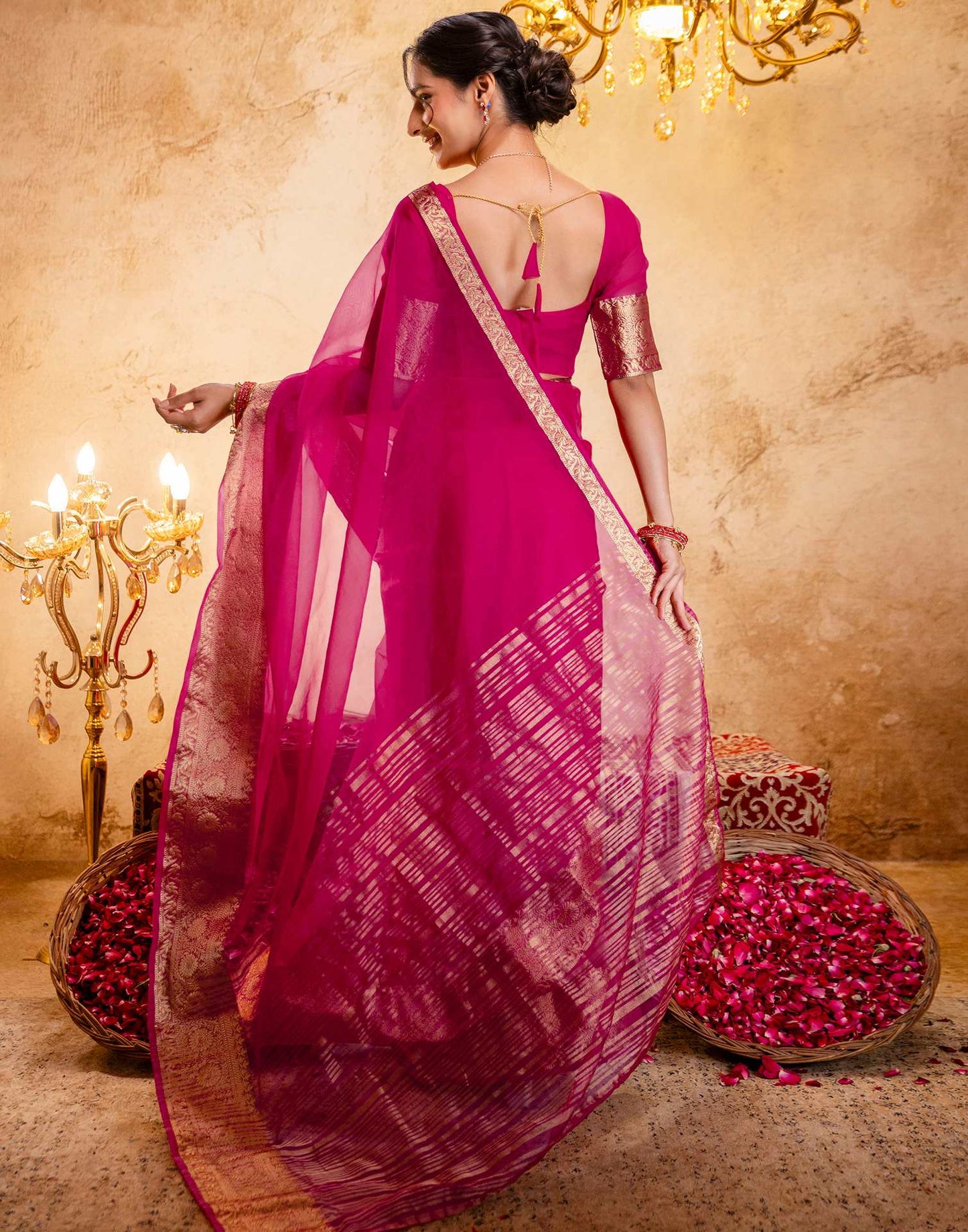 Rani Pink Organza Woven Border Saree