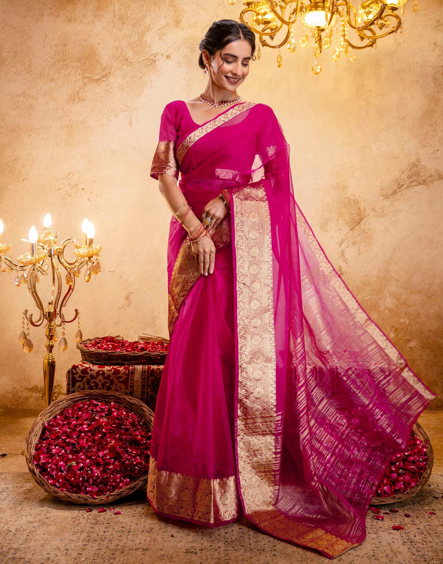 Rani Pink Organza Woven Border Saree