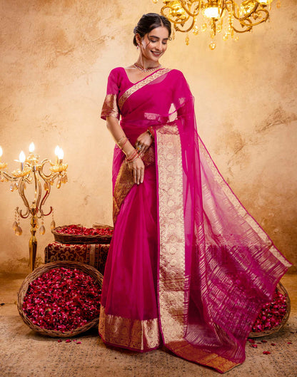 Rani Pink Organza Woven Border Saree