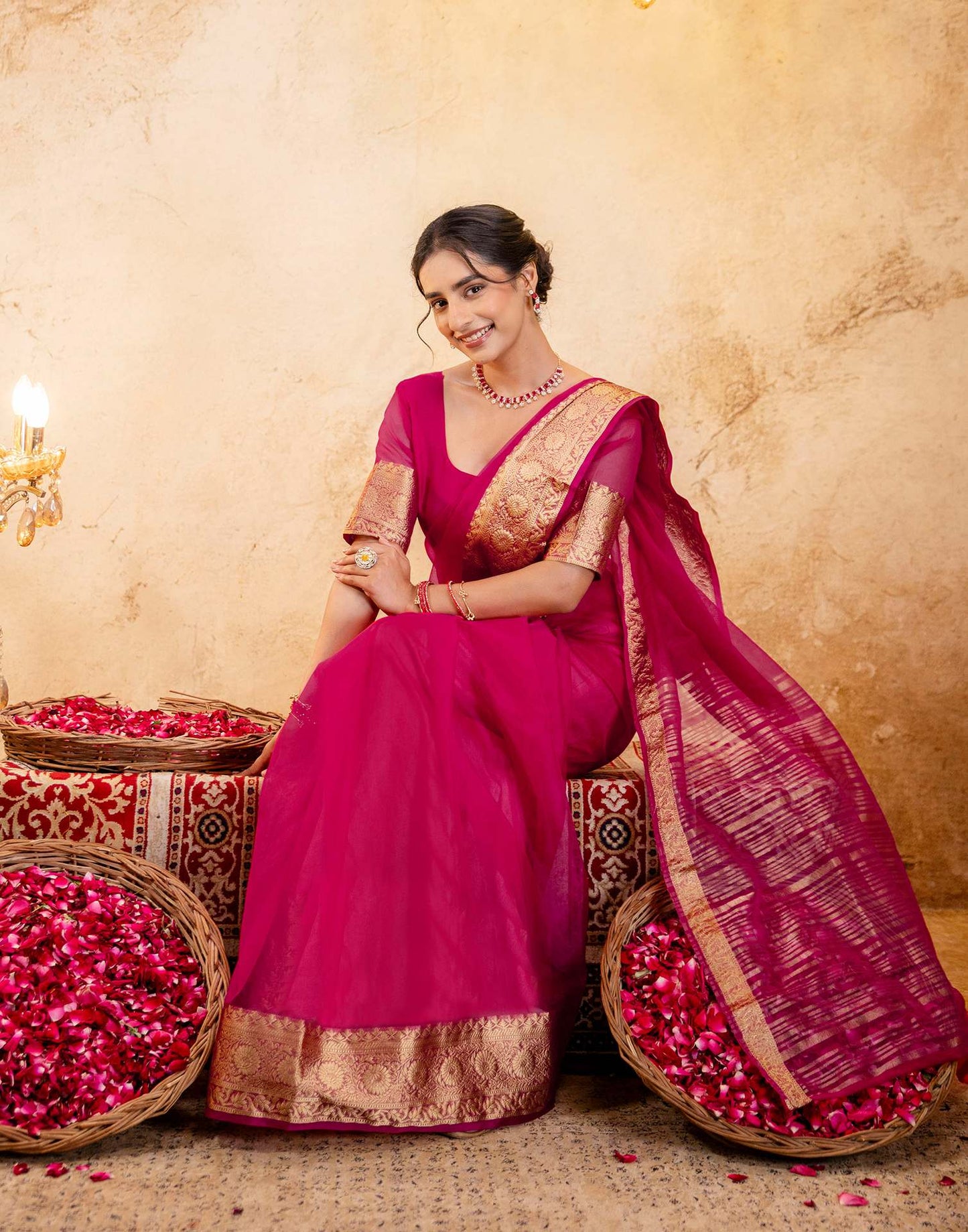 Rani Pink Organza Woven Border Saree