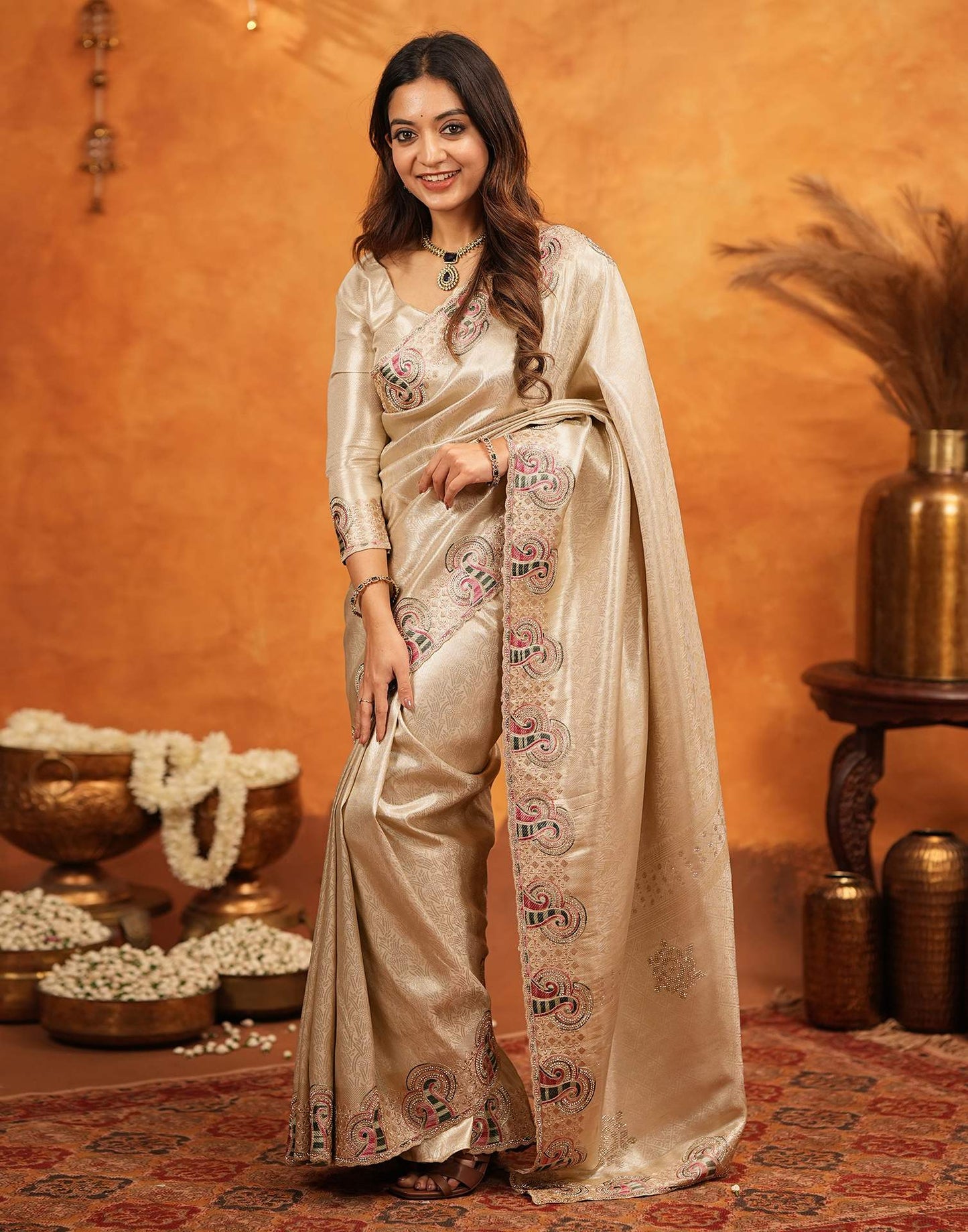 Beige Silk Woven Embroidery Stone Work Banarasi Saree