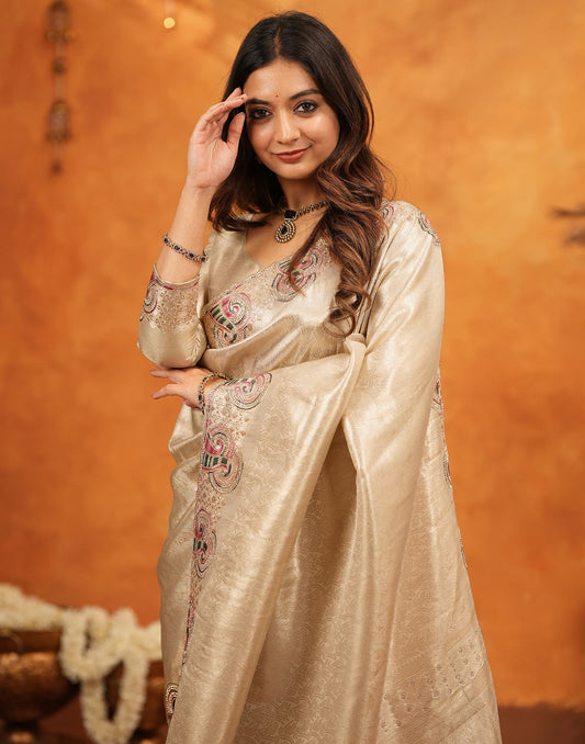 Beige Silk Woven Embroidery Stone Work Banarasi Saree