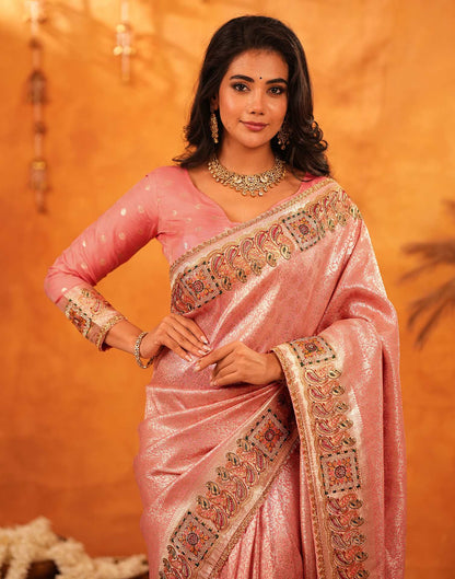 Light Pink Silk Woven Embroidery Stone Work Banarasi Saree