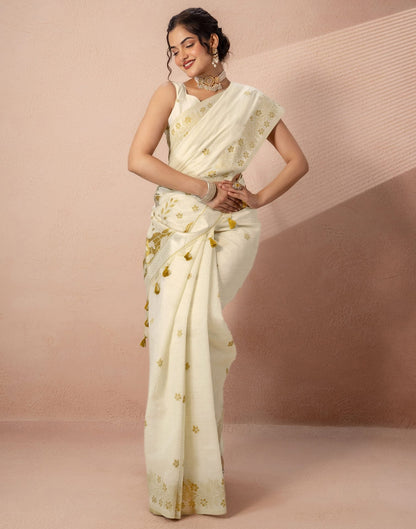 Beige Chanderi Cotton Woven Saree