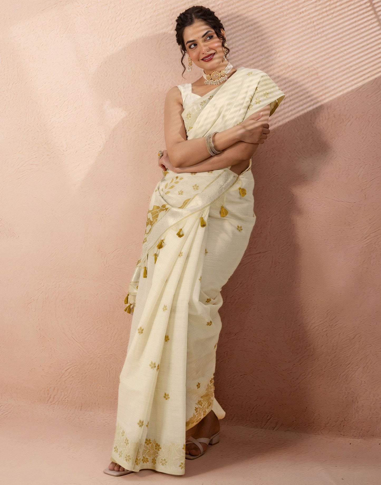 Beige Chanderi Cotton Woven Saree