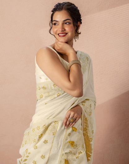 Beige Chanderi Cotton Woven Saree