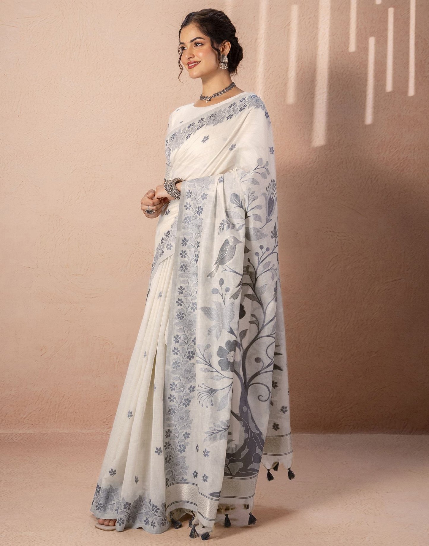 Beige Chanderi Cotton Woven Saree
