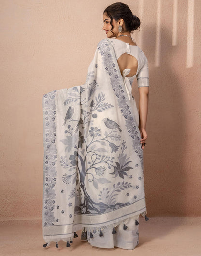 Beige Chanderi Cotton Woven Saree