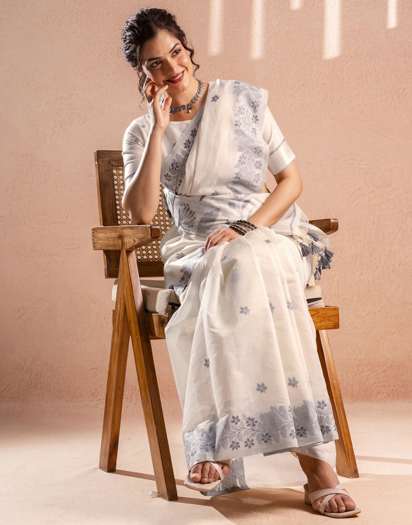 Beige Chanderi Cotton Woven Saree