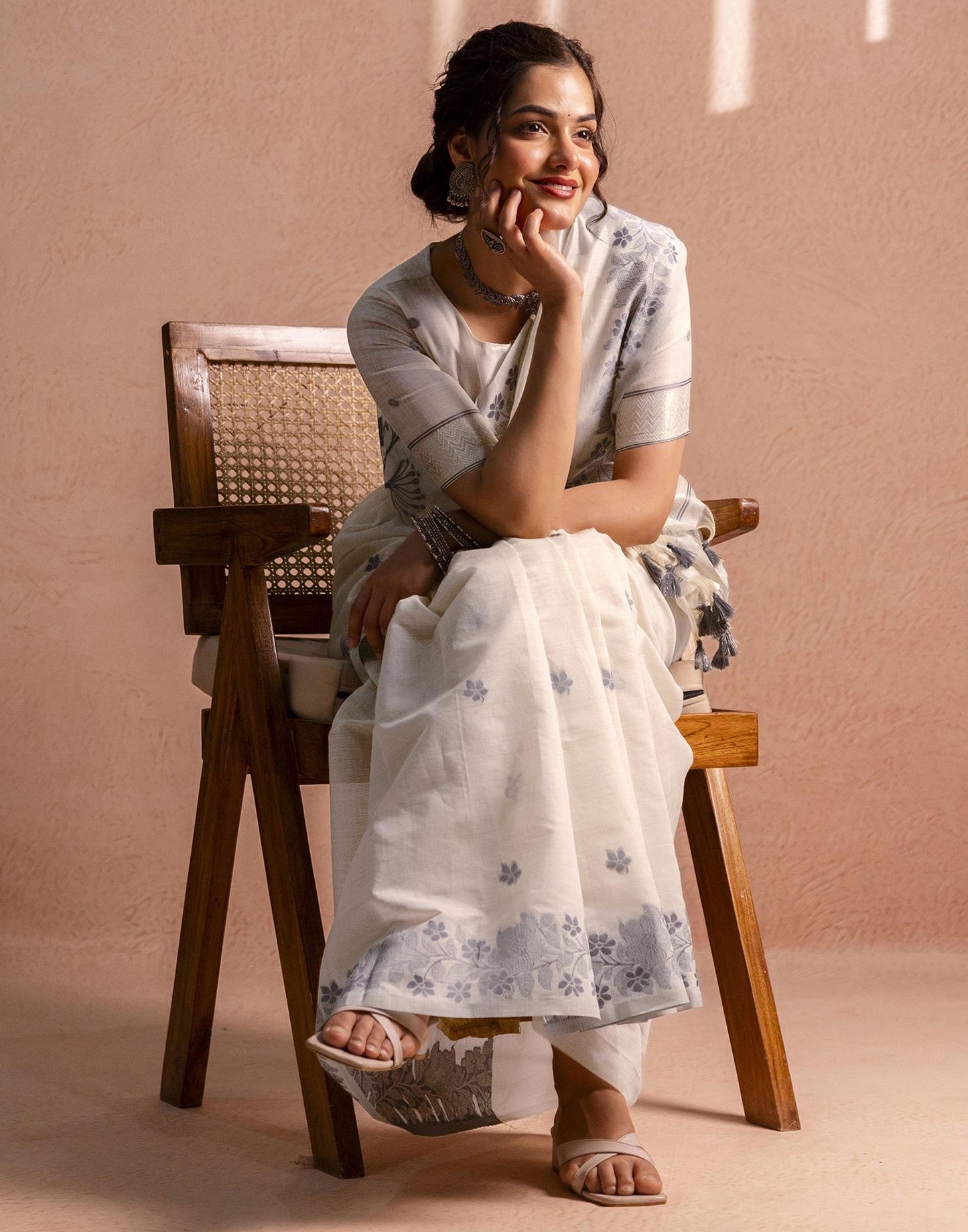 Beige Chanderi Cotton Woven Saree