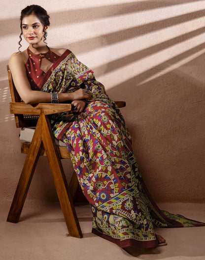 Dark Pink Cotton Printed Kalamkari Saree