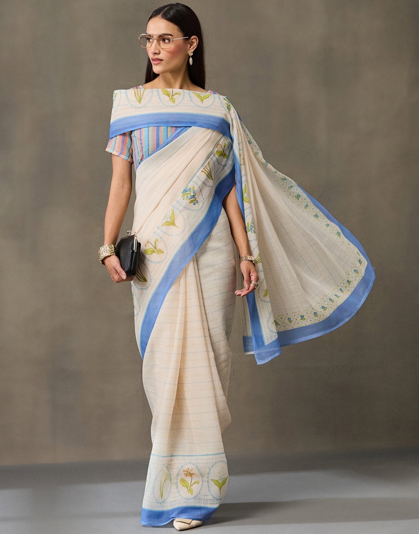 Cream Linen Printed Saree